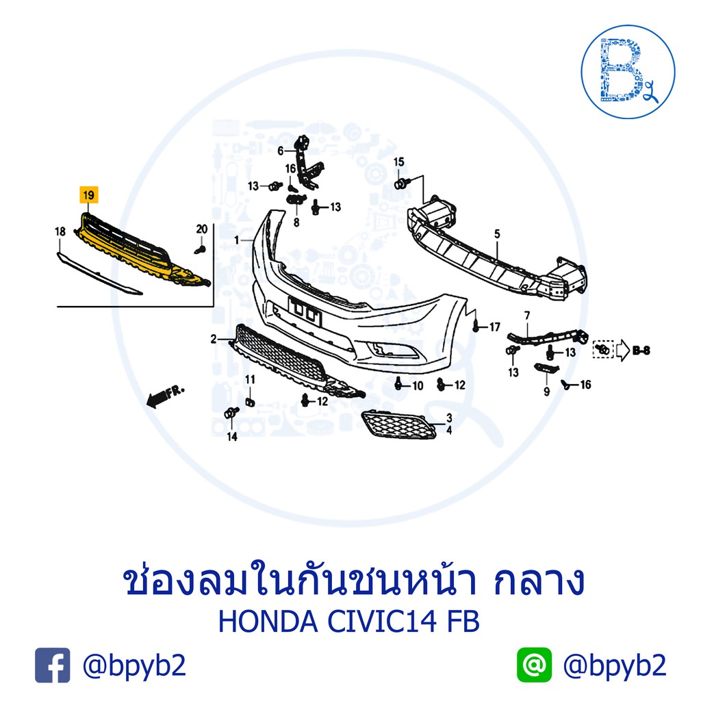 **อะไหล่แท้** ช่องลมในกันชนหน้า ตัวกลาง HONDA CIVIC14 FB
