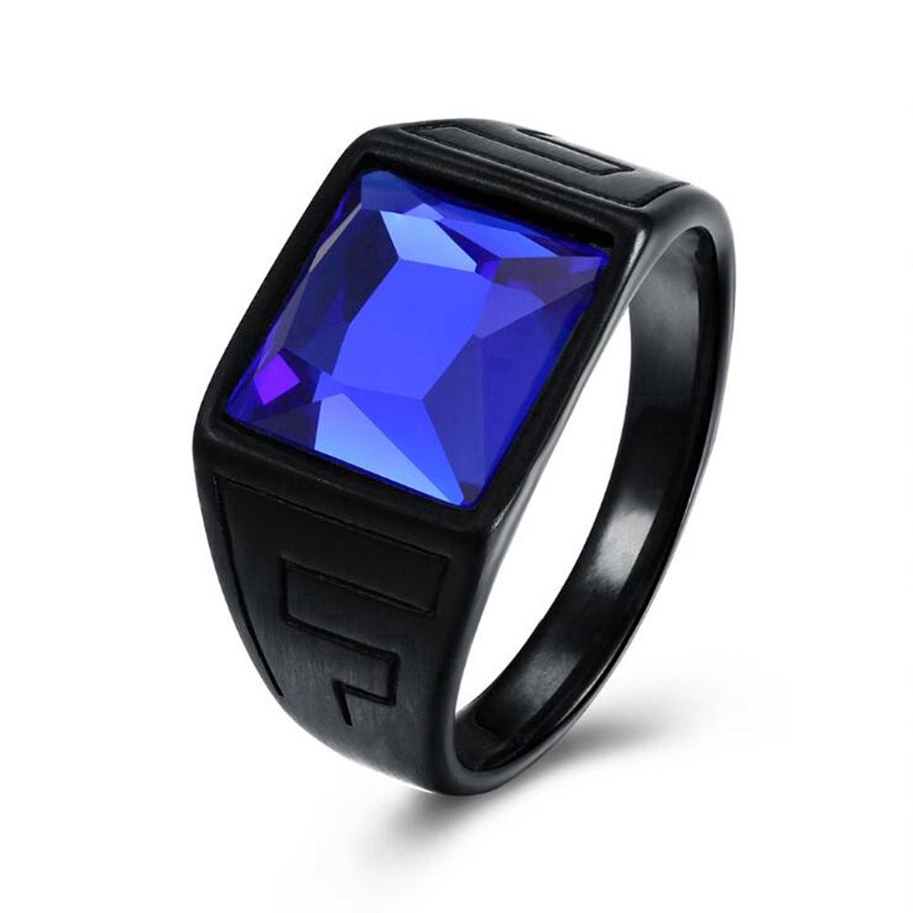 Sapphire Black Stainless Steel Men's Fashion Jewelry Blue Crystal Gemstone Letter Rings