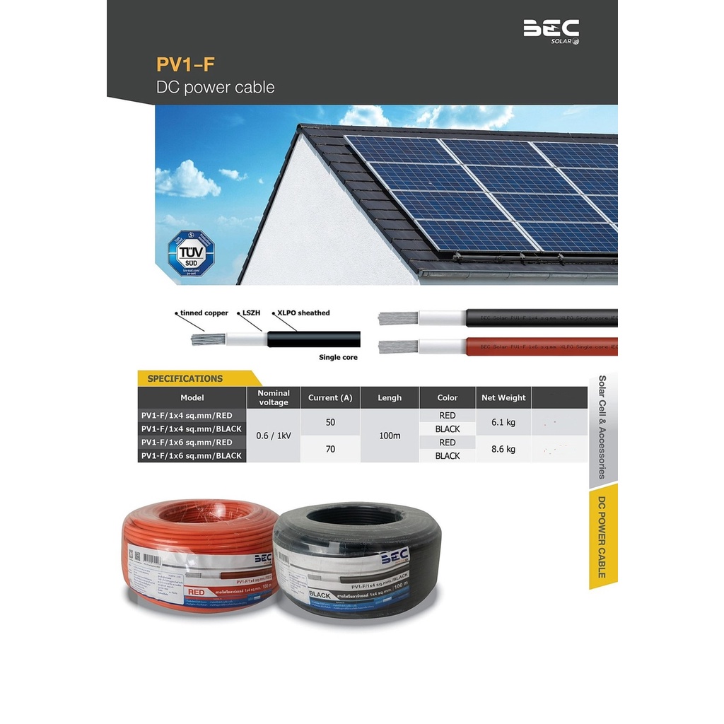 สาย PV 1F สายไฟโซล่าเซลล์ ดำ และ แดง