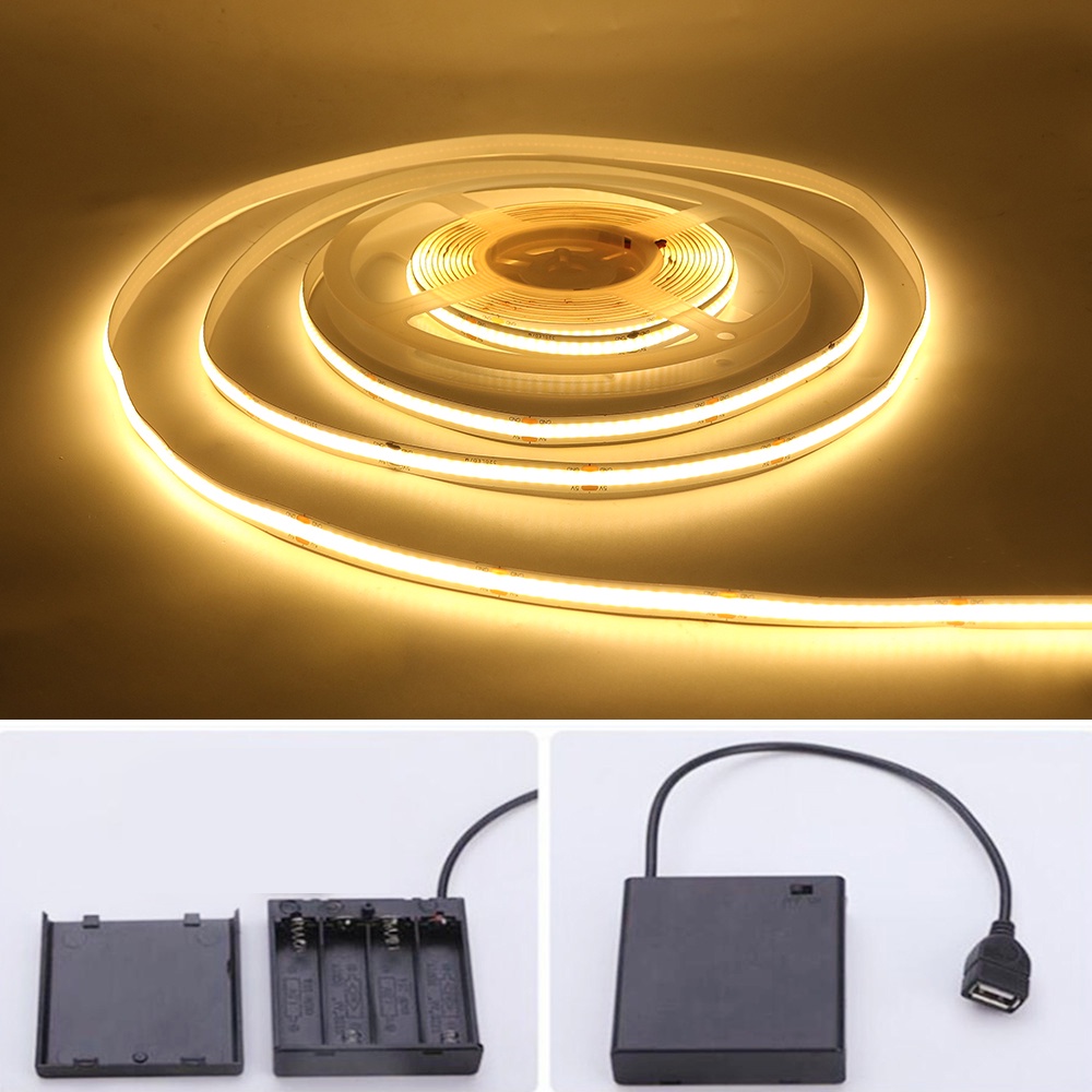 Dc 5V COB LED Strip Light USB พลังงานแบตเตอรี่ RA 90 สีขาว ความหนาแน่นสูง เทปริบบิ้นเชิงเส้น ยืดหยุ่