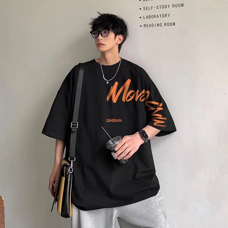 เสื้อเชิ้ตแขนสั้นลําลอง พิมพ์ลายตัวอักษร สีส้ม สไตล์เกาหลี วินเทจ โอเวอร์ไซซ์ แฟชั่นสําหรับผู้ชาย และผู้หญิง