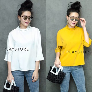 เสื้อแขนสั้นพอดีศอกคอปีนทรงเบ