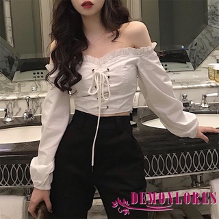 Demonlorest- เสื้อครอปท็อปลําลอง แขนยาว เปิดไหล่ สีพื้น เซ็กซี่ สําหรับผู้หญิง