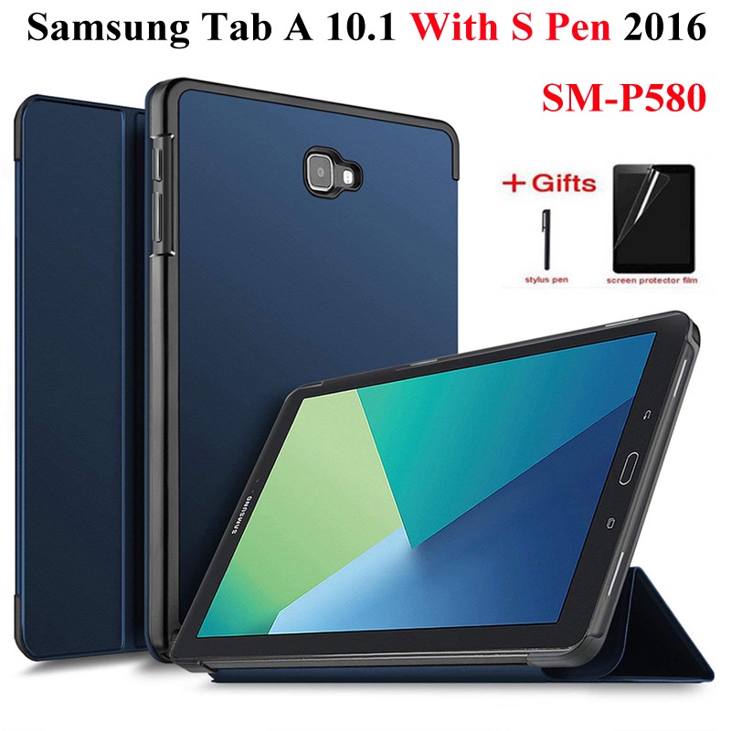 Smart PU Leather Case For Samsung Galaxy Tab A A6 With S Pen 10.1 2016 SM-P580 P585 Cover For Tab A 10.1 S Pen case+Film