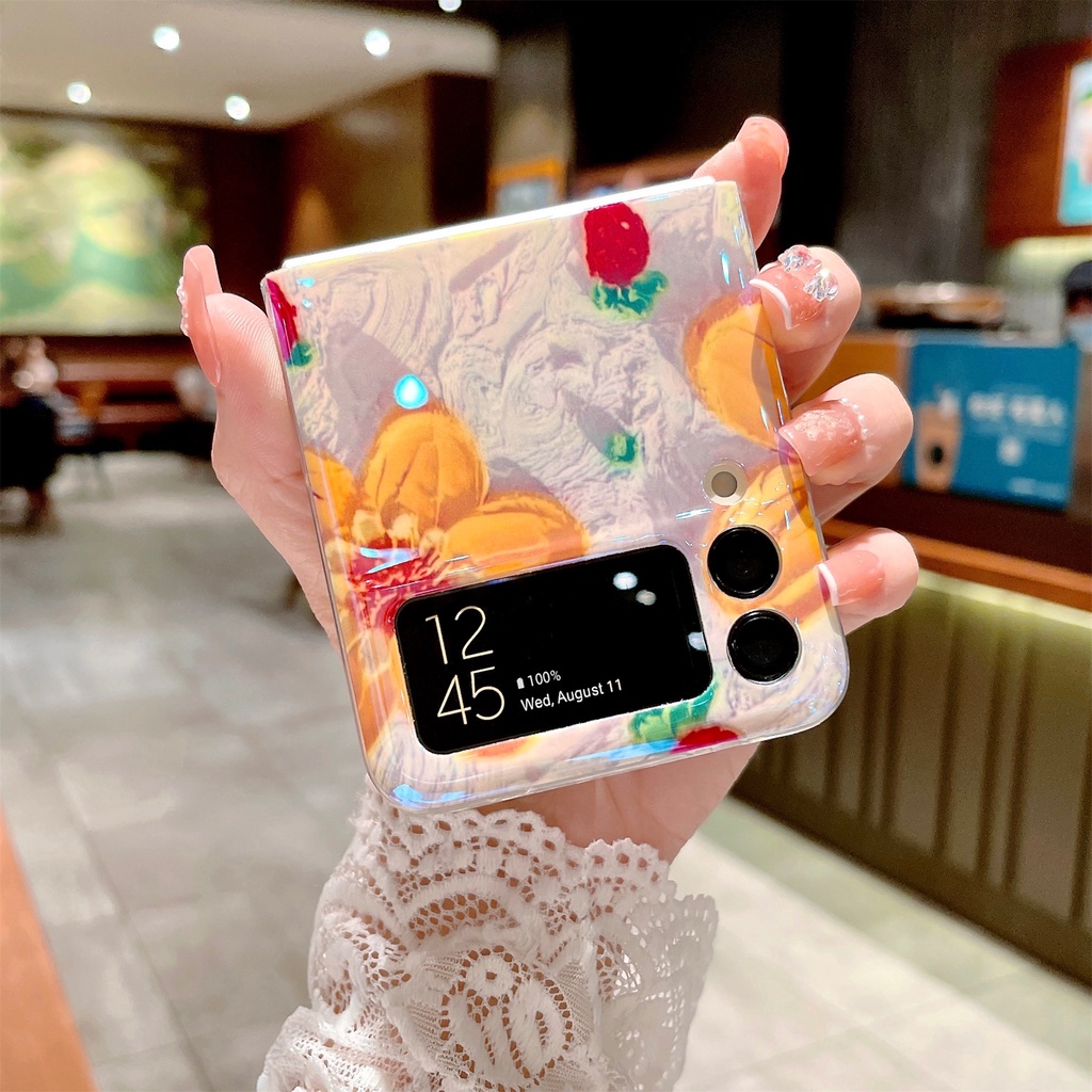 เกาหลีน่ารักภาพวาดสีน้ํามันดอกไม้สีเหลืองสตรอเบอร์รี่สําหรับ Samsung Galaxy Z Flip 3 4 5 6 Z Flip6 Zflip5 Flip4 Flip3 กันกระแทกปกหลัง