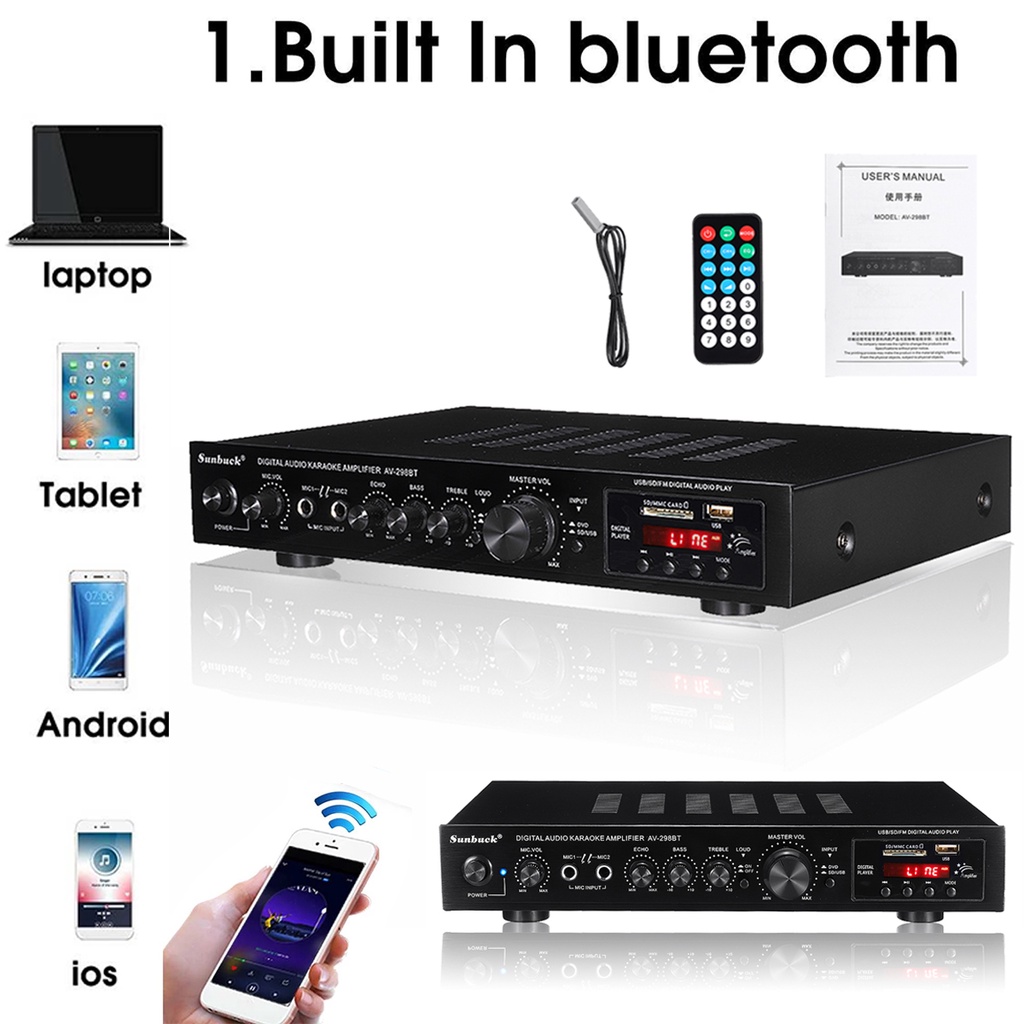 2000W Bluetooth 4 โอห์ม 5 CH คาราโอเกะเพาเวอร์สเตอริโอไฮไฟเบส AV เครื่องขยายเสียงรอบทิศทาง