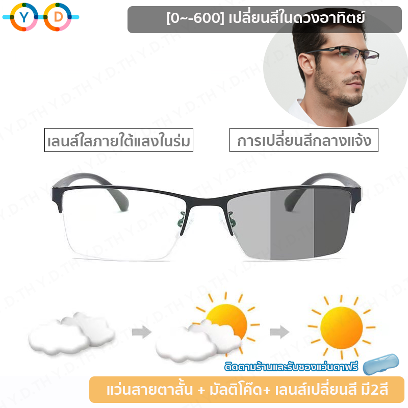 แว่นตาสายตาสั้นเปลี่ยนสี (-50 ถึง -600) แว่นสายตาสั้นสำหรับนักธุรกิจครึ่งกรอบสำหรับผู้ชายที่มีคุณสมบัติหลายอย่าง (ป้องกันรังสีอัลตราไวโอเลต / ป้องกันรังสี) แว่นตาเปลี่ยนสีภายใต้แสงแดด