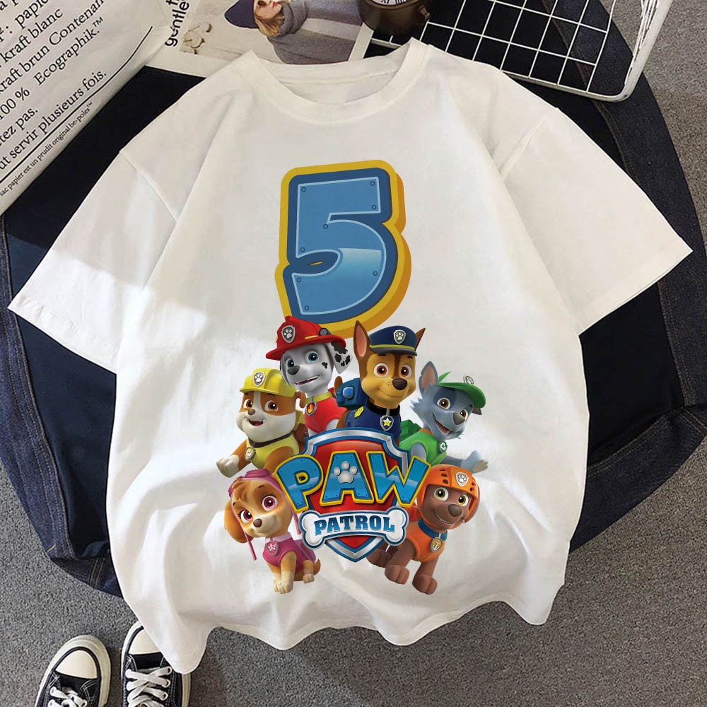 ใหม่ Hote Paw Patrol เด็กเด็ก T เสื้อ Chase Puppy Dog Happy Birthday ตัวเลข 1-10 ปีเด็กสาวเสื้อยืดฤดูร้อนตลกเสื้อผ้าเด็ก - รูปที่ 3
