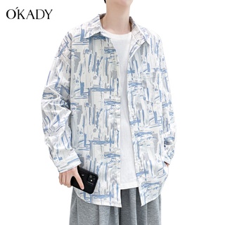 OKADY เสื้อเชิ้ตมัดย้อมผู้ชายเสื้อเชิ้ตแขนยาวทรงหลวมบางหล่อ