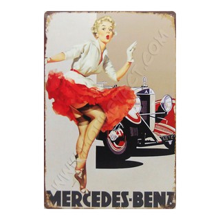 ป้ายสังกะสีวินเทจ Mercedes-Benz with Pin Up Girl