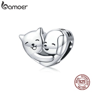 Bamoer Genuine Silver 925 Hug Bead Love Kitten Puppy Animal Charm Pendant DIY Fashion Accessories SCC1856