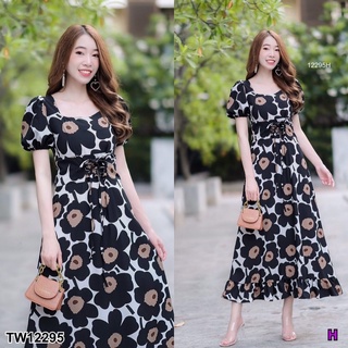 TW12295 Dress เดรสคอเหลี่ยม ผ้าไหมอิตาลี่ พิมลายดอกไม้เมโกะ ใต้อกสานเชือกผูก งานมาแรงสุดดด มีซับในกระโปรง