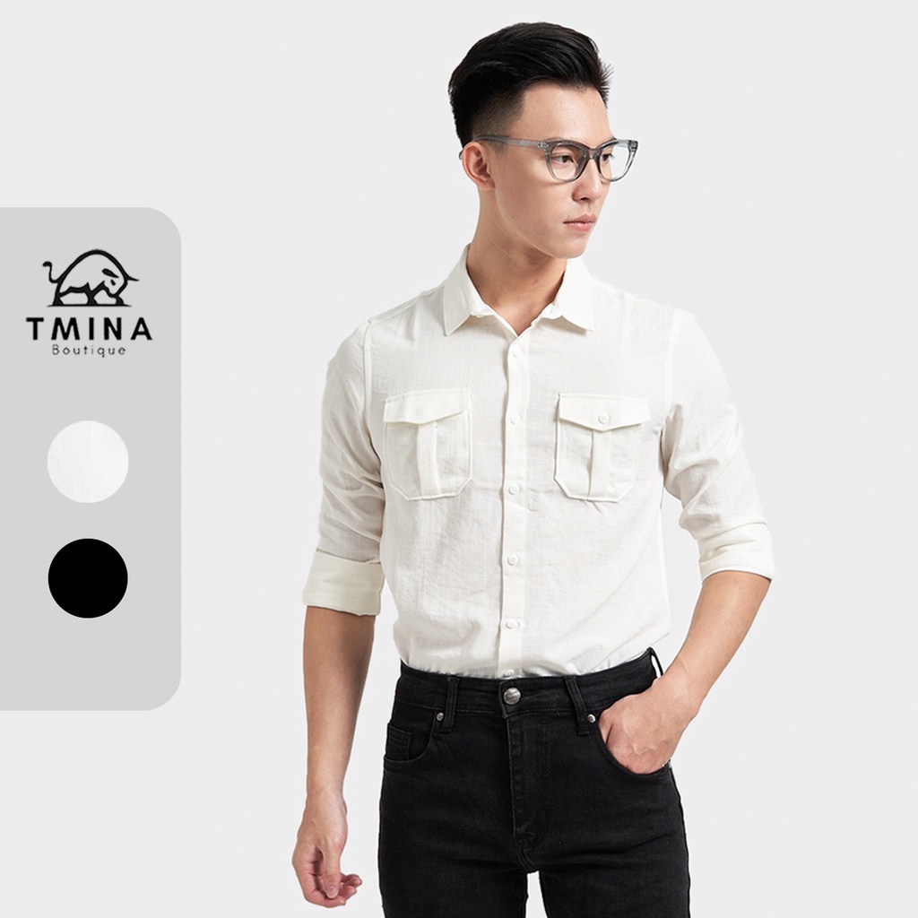 TMฉัน เสื้อเชิ้ตแขนยาวผู้ชายคอปกเปิดลงและกระเป๋ากล่องทําจากผ้าลินินคุณภาพสูง SMD20