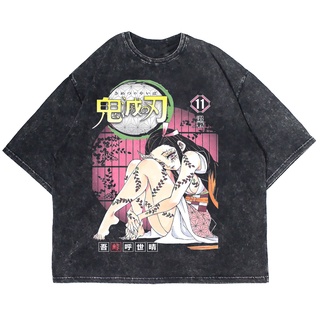 เสื้อยืดผ้าฝ้ายพิมพ์ลายแฟชั่นเสื้อยืดแขนสั้น พิมพ์ลายอนิเมะ KIMETSU NO YAIBA NEZUKO MODE ONI WASHING ขนาดใหญ่