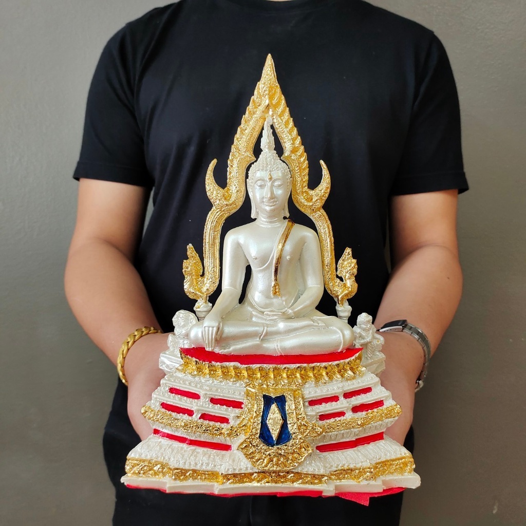 พระพุทธชินราช สีขาวมุกปิดทองฐานลงยา ปลุกเสกวัดพระศรีรัตนมหาธาตุ พระดีพิธีใหญ่น่าบูชา(หน้าตัก5นิ้ว สูง30ซม.)