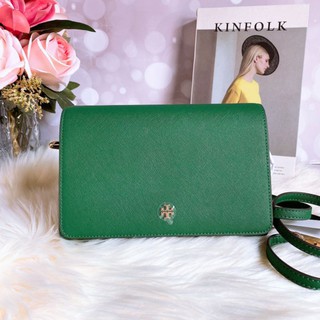 🎀 (สด-ผ่อน) กระเป๋าสะพาย สีเขียว 58440 Tory Burch Emerson Saffiano Leather Combo CrossBody Clutch Bag