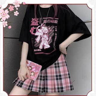 【100% cotton】🐬🐬 (ในสต็อก) ฤดูร้อนสไตล์ใหม่เสื้อยืดแขนสั้นสีดำพิมพ์ลาย + กระโปรงพลีทสีชมพูลายสก๊อต JK กระโปรงทรงเอเอวสู