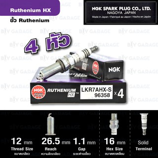 NGK หัวเทียนขั้ว Ruthenium LKR7AHX-S 4 หัว ใช้สำหรับ Honda CivicFB, New Accord / HRV