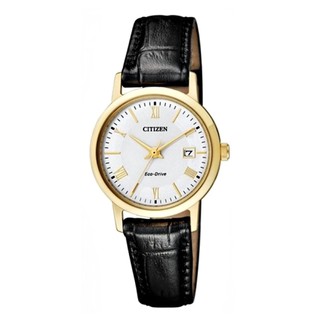 CITIZEN Eco-Drive Sapphire Glass Ladies Watch สีดำ/สีทอง สายหนังแท้ รุ่น EW1582-03A