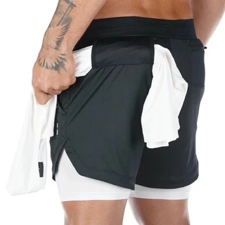 กางเกงวิ่งขาสั้น 2 in 1 [มีกระเป๋า2ข้าง] ซับในเนื้อผ้าเย็น กางเกงกีฬา กางเกงออกกำลังกาย กางเกงกีฬาขาสั้น