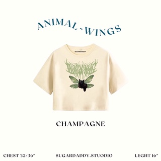 เสื้อยืด CROP TOP - เสื้อครอปสี Champagne สกรีนลาย Cat Green Wings