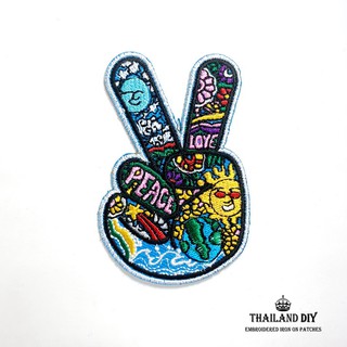 ตัวรีดติดเสื้อ ลายสัญลักษณ์นิ้วมือ รักโลก สันติภาพ Peace Hand wop Sign Patch งานปัก DIY ตัวรีด อาร์ม ติดเสื้อ กางเกง