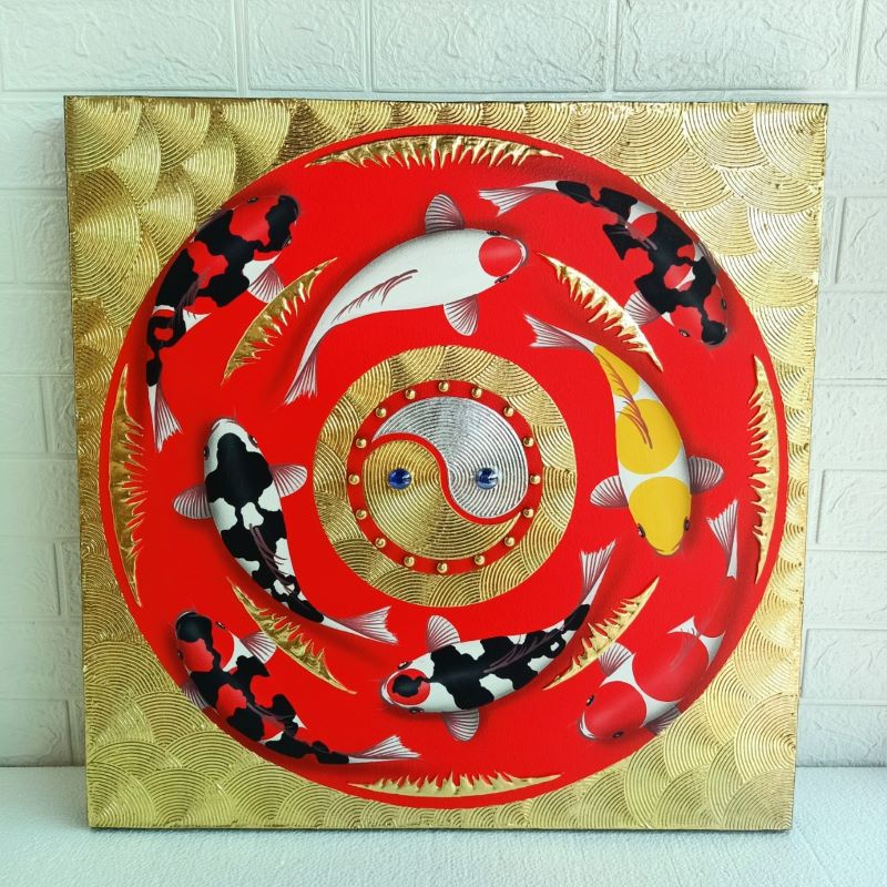 รูปวาดปลาคราฟ 60x60cm ภาพวาดเฟรมผ้าใบสีน้ำพื้นแดง ภาพมงคลเสริมฮวงจุ้ย painting canvas