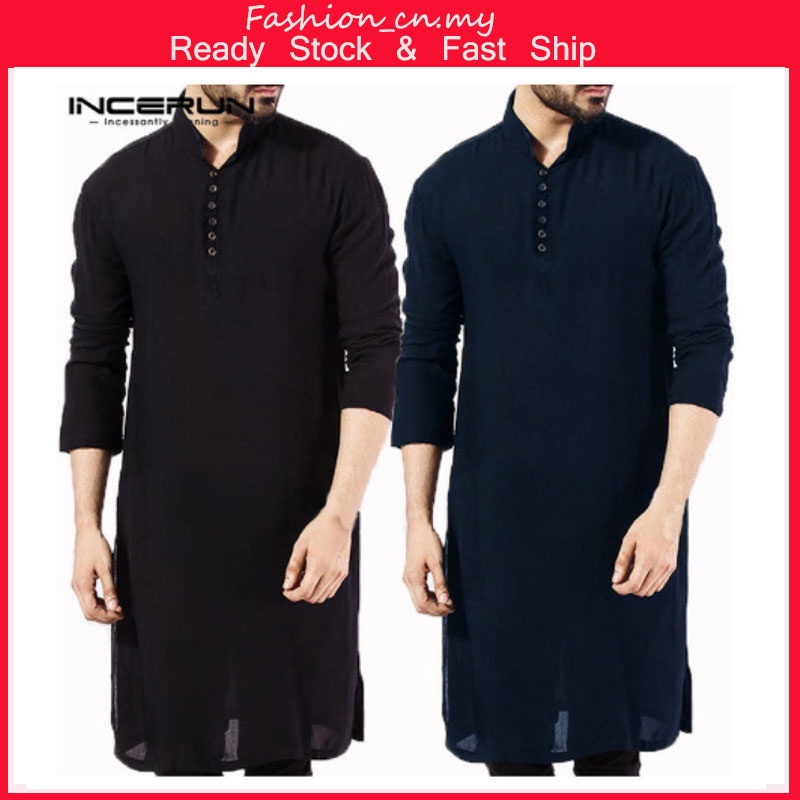 Camibaby 2021 ผู้ชายอินเดียแขนยาวผ้าฝ้ายปุ่มKurtaเสื้อLabuh Lelaki Melayu Tangan Panjang Jubah