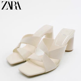 Zara ใหม่ รองเท้าส้นสูง หนังวัว ส้นหนา สีเบจอ่อน สไตล์ฝรั่งเศส แฟชั่นฤดูร้อน สําหรับผู้หญิง 2022