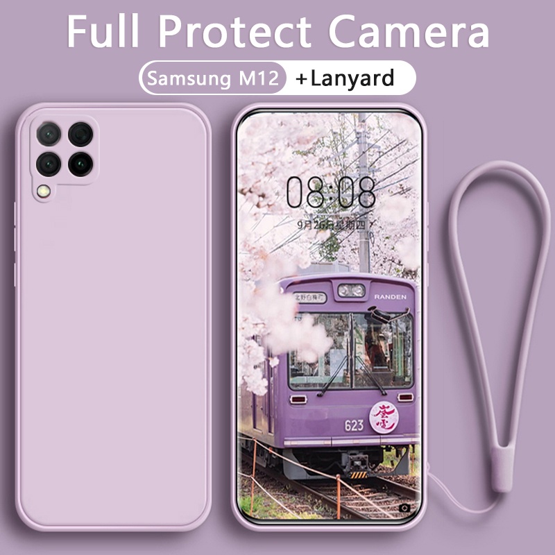 เคส Samsung M12 M22 M32 M23 M33 M53 เคสซิลิโคนเหลวพร้อมกล้องแบบเต็มสายคล้อง Xiaomi redmi สายคล้องเชือกเส้นเล็ก ข้าวแดง