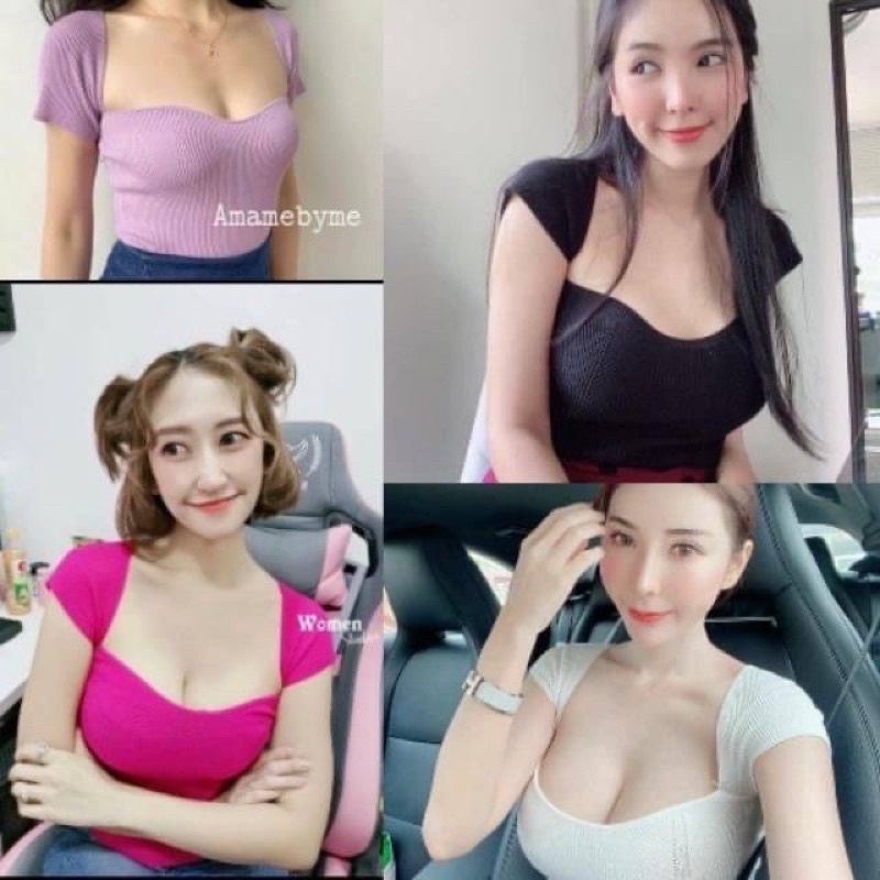 ❤️💚 🌈MesubShop🌈 💚❤️  เสื้อคอเหลี่ยม ไหมพรม  เสื้อโชว์เนิน B-017-2-A