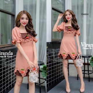 B13485 เดรสสั้น แขนพอง อกและชายแต่งระบายจับจีบ ติดเชอร์รี่ตุ้งติ้ง Short dress, puff sleeves, chest and pleated hem. add