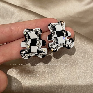 925 Silver Needle Diamond Plaid Bear Stud Earrings Acrylic Retro Earrings Korea Cute Small Fresh Earrings Temperament fo