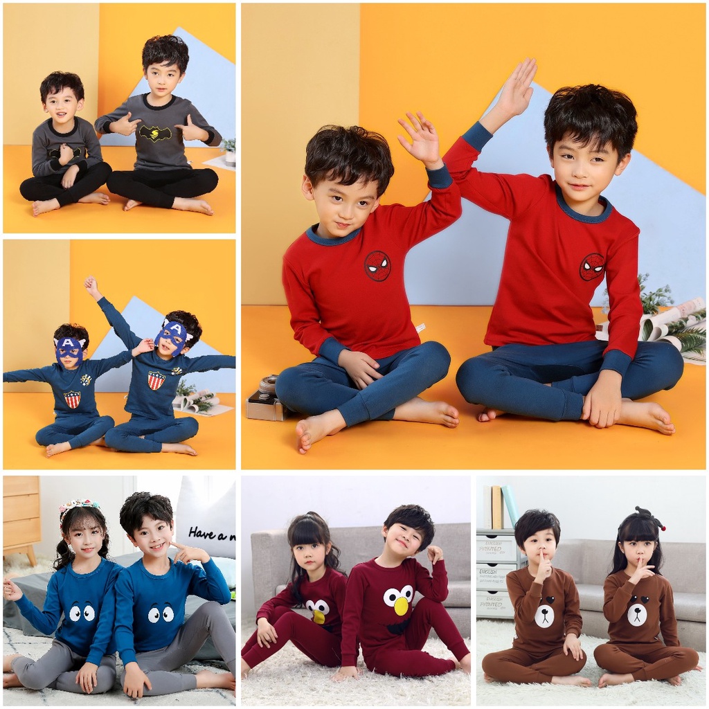 2-15 ปีเด็กชุดนอนผ้าฝ้ายเด็กผู้หญิงการ์ตูนพิมพ์ชุดนอนชุด Baju Tidur Budak Lelaki