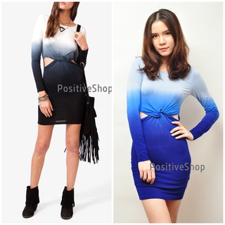 095-007 Forever21 เดรสเข้ารูปแขนยาวเว้าเอว ไล่สีขาว-น้ำเงิน