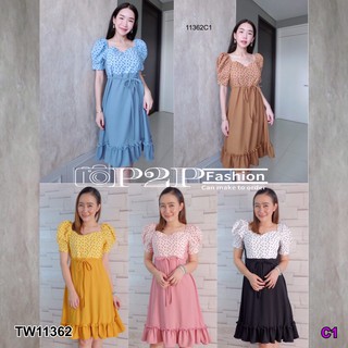 TwinsShopVip💗พร้อมส่ง TW11362 เดรสคอเหลี่ยมวีแขนตุ๊กตาลายหัวใจ