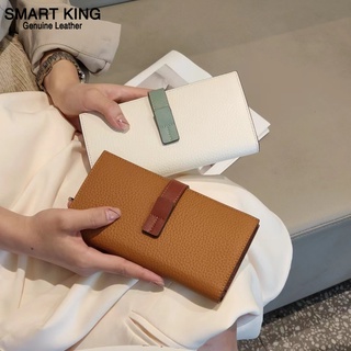 Smart King กระเป๋าสตางค์ หนังวัวแท้ ใบยาว ทรงคลัทช์ สีตัดกัน ใส่โทรศัพท์ได้ สําหรับผู้หญิง