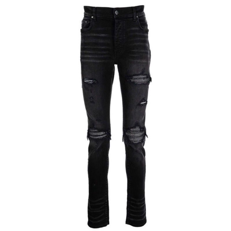 AMIRI MX1 พรีเมี่ยม classic black double knee holes and leather tassel slim fit jeans(ภาพถ่ายและวีดีโอจากสินค้าจริง)