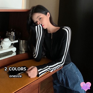 🎴MYF มาใหม่🎴เสื้อไหมพรมซิปหน้าสีทอง แขนยาวแต่งแถบ 2 สี