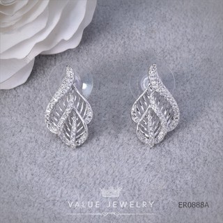 ต่างหูแป้น ฝังคริสตัลแท้ ลาย ใบไม้ Leaf ขนาดกลาง ตุ้มหู เครื่องประดับ ER0888 ValueJewelry