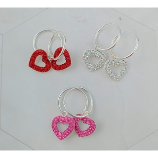 SILVER THAI 925 silver heart crystal hoop earrings เครื่องประดับต่างหูห่วงเงินแท้925รูปหัวใจสําหรับผู้หญิง