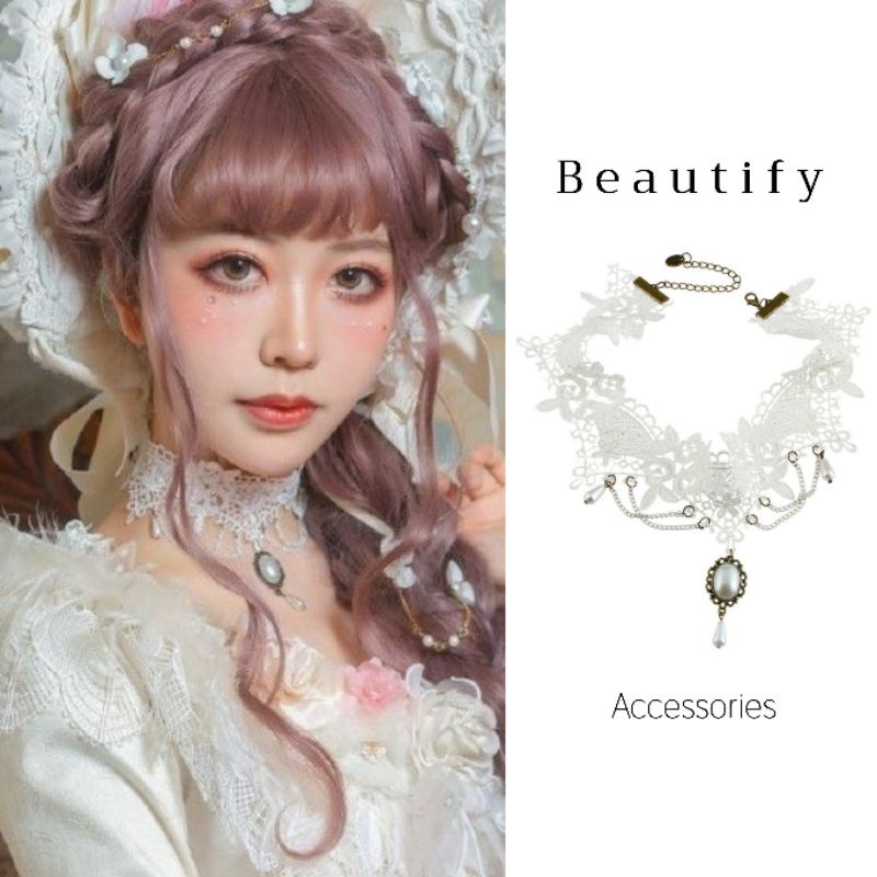 𝓑𝓮𝓪𝓾𝓽𝓲𝓯𝔂 Choker สีขาวประดับมุกเทียม สไตล์โกธิค