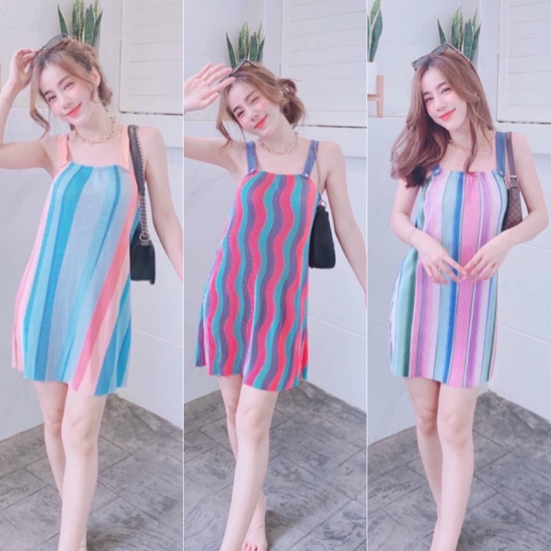 Minirainbow มินิเดรสอัดพลีทสายติดกระดุมคาวาอิสดใส พร้อมส่ง