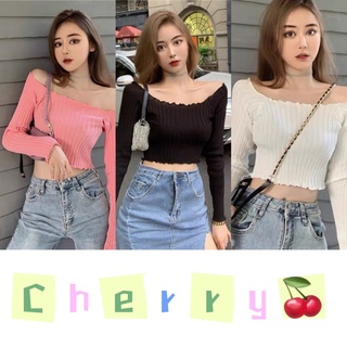 🍒พร้อมส่ง💅 เสื้อปาดไหล่ ครอปเเขนยาว ผ้าร่อง เสื้อไหมพรมแขนยาว-ปาดไหล่ใส่ได้สองแบบ