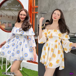 SS17656 Dress เดรสสั้นปาดไหล่ลายดอกไม้
