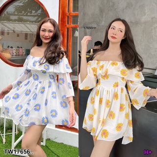 17656 เดรสสั้นปาดไหล่ลายดอกไม้ Off-the-shoulder floral print short dress