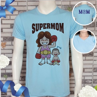 เสื้อ วันแม่ เสื้อ สีฟ้า บอกรักแม่ ลาย "SUPER  MOM" เนื้อผ้า Tk นุ่ม ใส่สบาย ไม่ยับ