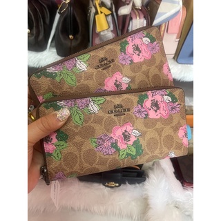 (ผ่อน0%) กระเป๋าสตางค์ COACH ACCORDION ZIP WALLET IN SIGNATURE CANVAS WITH BLOSSOM PRINT 89308 ใบยาวซิปรอบดอกไม้ งานshop