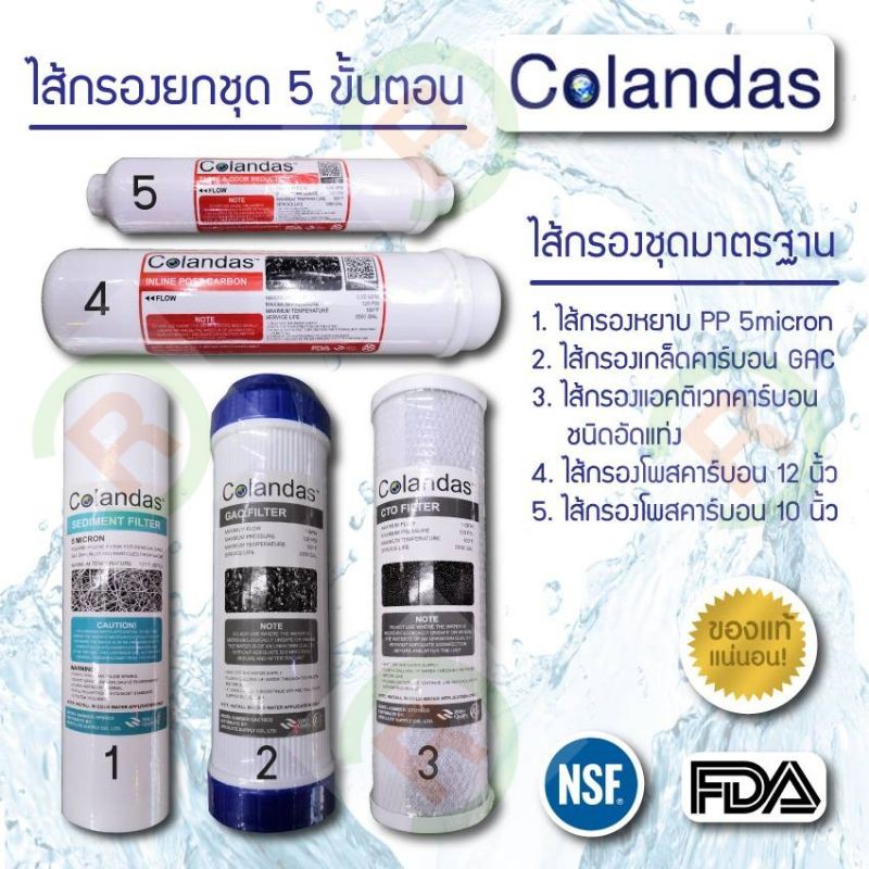 ไส้กรองน้ำ 5 ขั้นตอน Colandas ตรงรุ่น (รับประกันคุณภาพ) ของแท้ส่งตรงจากโรงงานผลิต