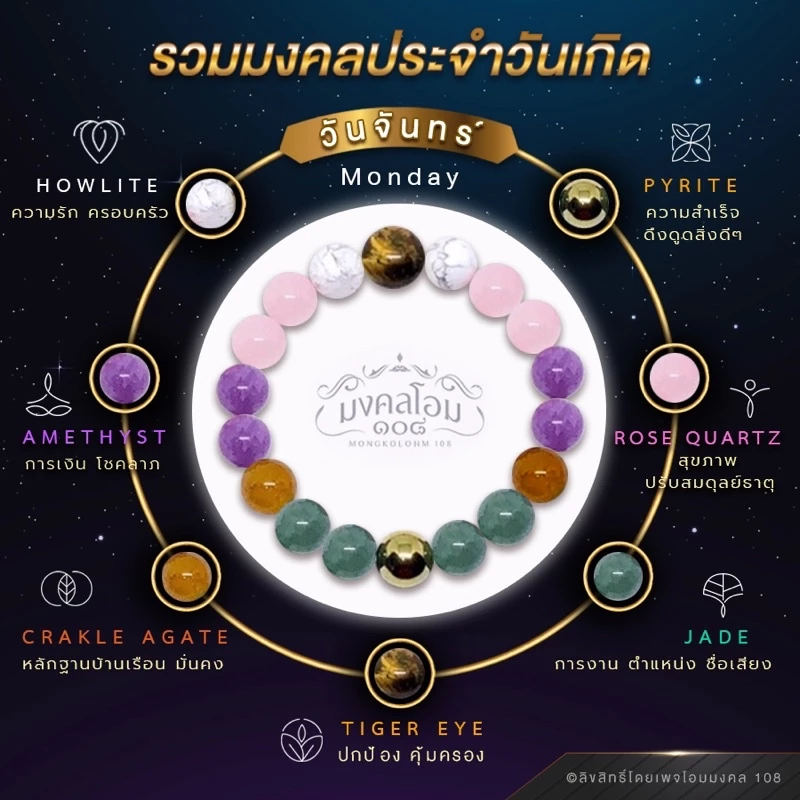 กำไลข้อมือหินประจำวันเกิด [S10-01] มงคลเสริมดวงรอบด้าน ครบทั้ง 8 วัน